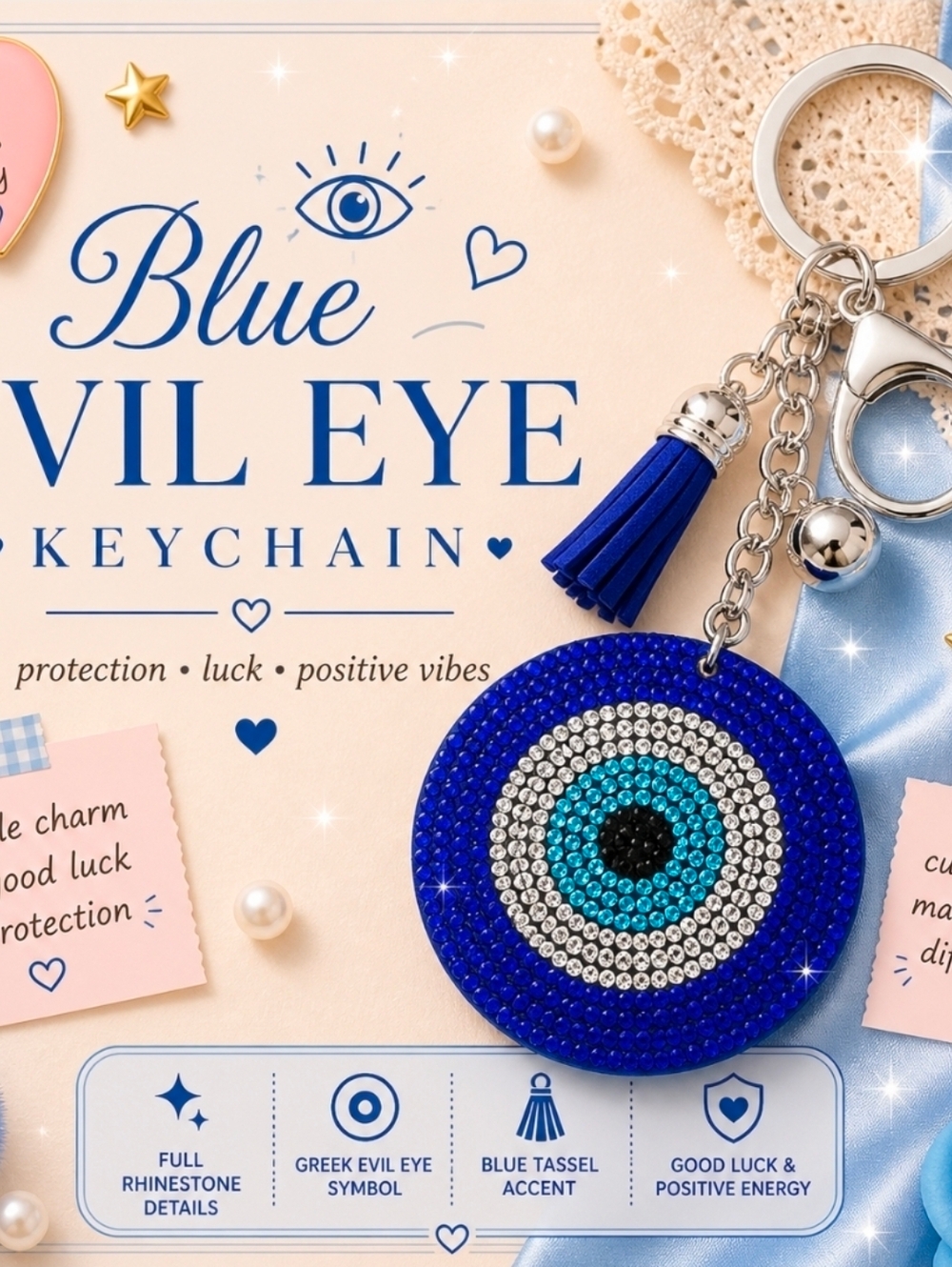 Blue Evil Eye Keychain 👁️💙 Rhinestone Greek Charm – Good Luck Protection
